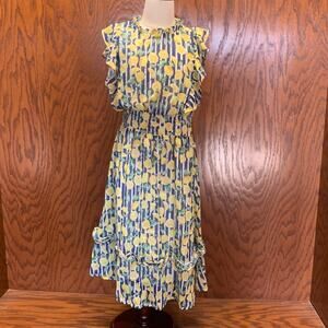 AQUA Lemon Print Ruffle Dress Blue Yellow Midi | Size M